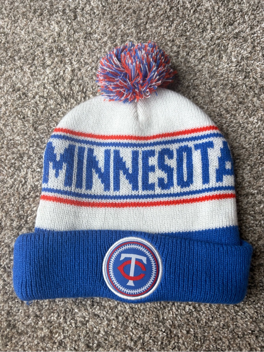 Minnesota Twins Pom Beanie - White, Royal Blue & Red